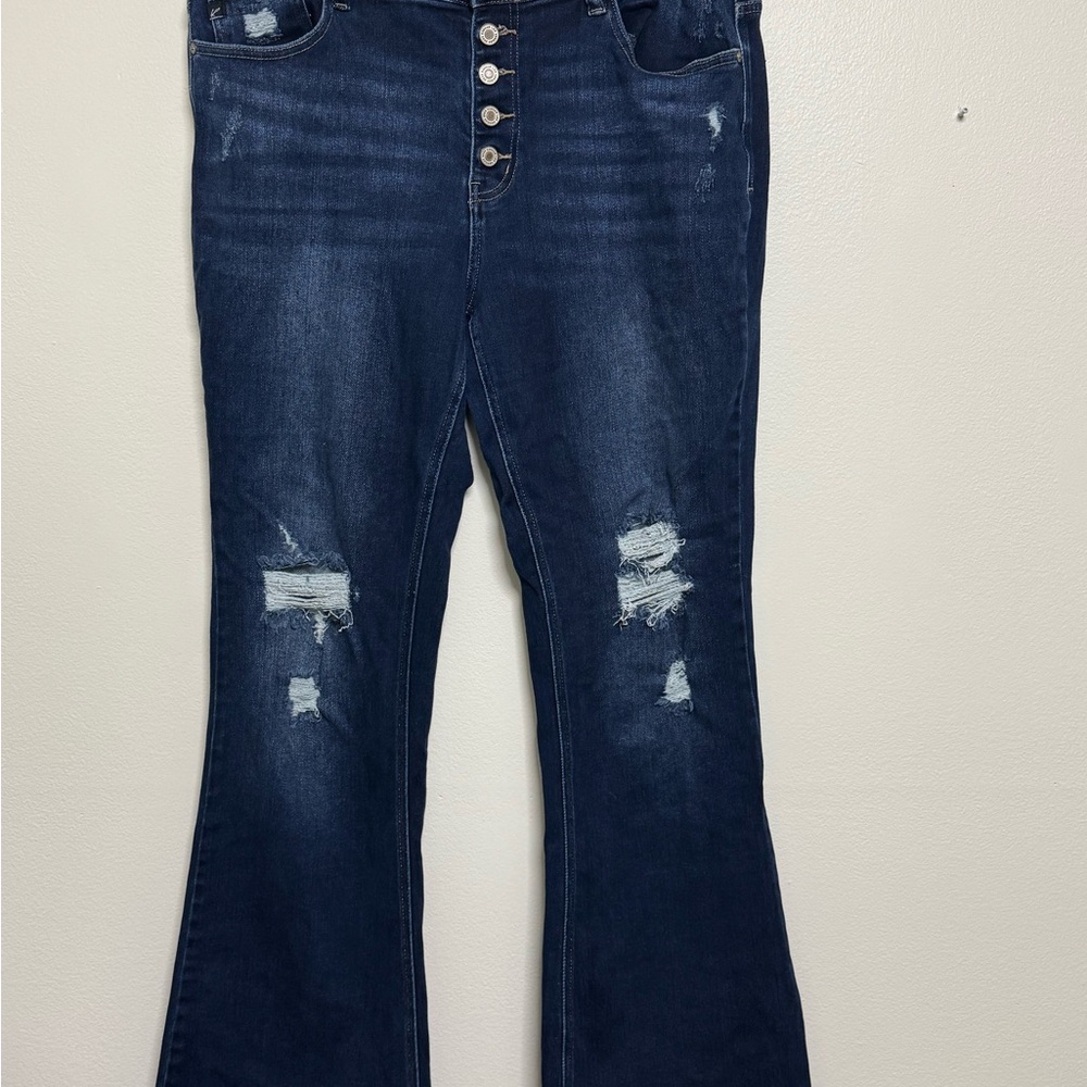 Kancan Women's Distressed Blue Flare Jeans Button Up 2XL